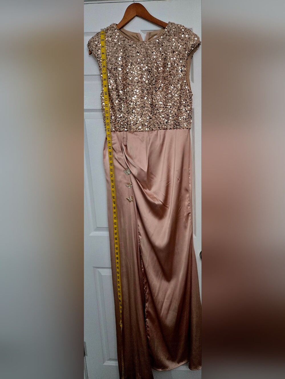 Long Party Sparkling Sequin Satin Dress in Beige-rose and Gold Colors. XL